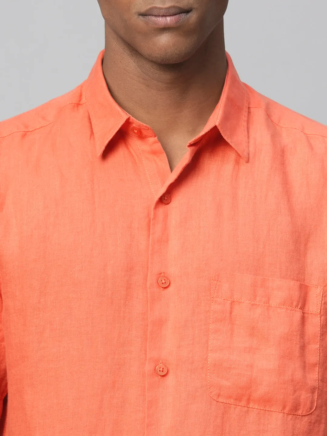 Men's Orange 100% Linen Regular Fit Short Sleeved Shirt