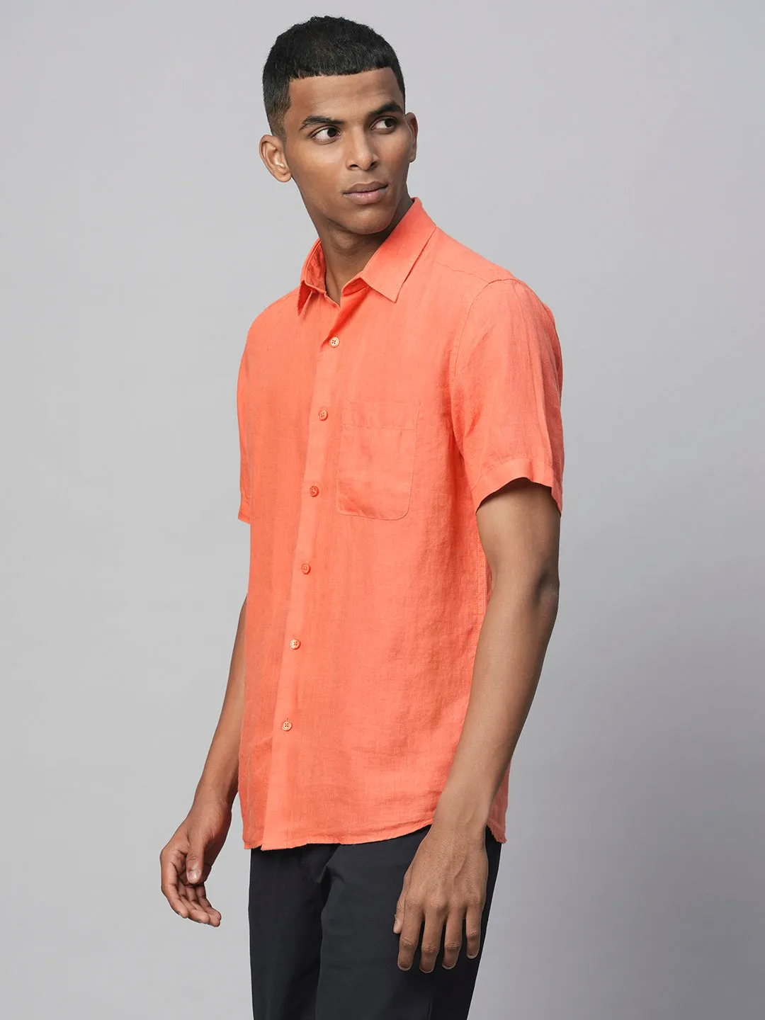 Men's Orange 100% Linen Regular Fit Short Sleeved Shirt