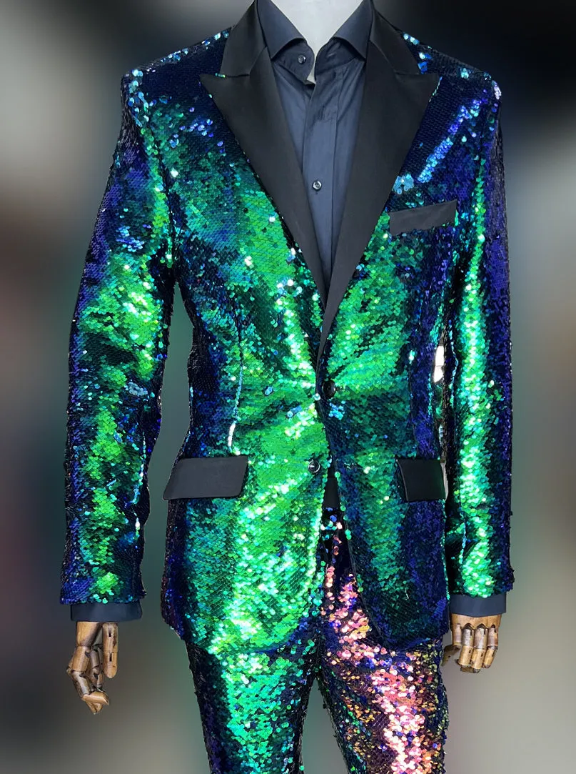 Mens sequin suit green/blue