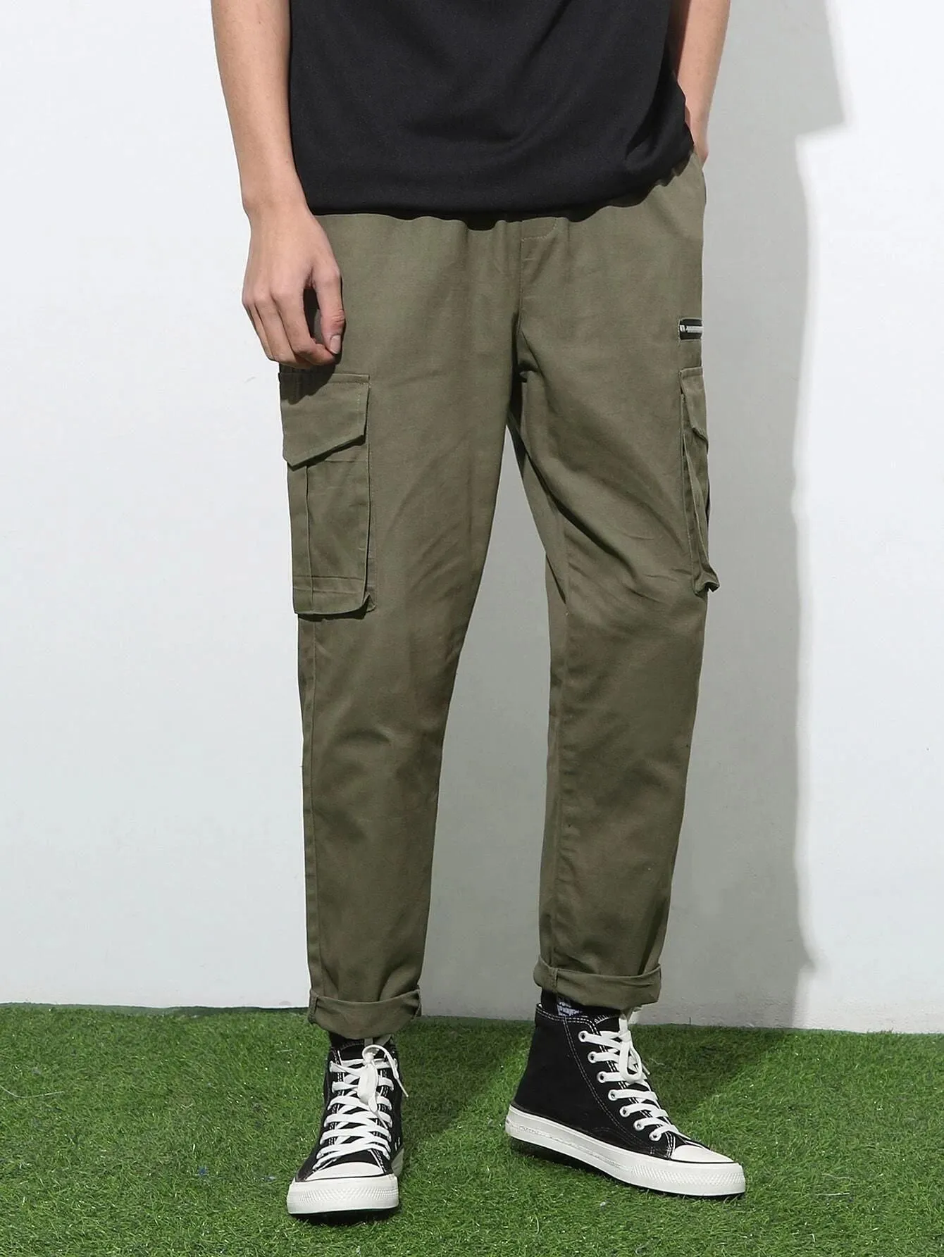 Men's Slim Fit Cargo Pants in Olive Green Cotton Fabric with Multiple Pockets for Utility