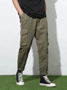 Men's Slim Fit Cargo Pants in Olive Green Cotton Fabric with Multiple Pockets for Utility