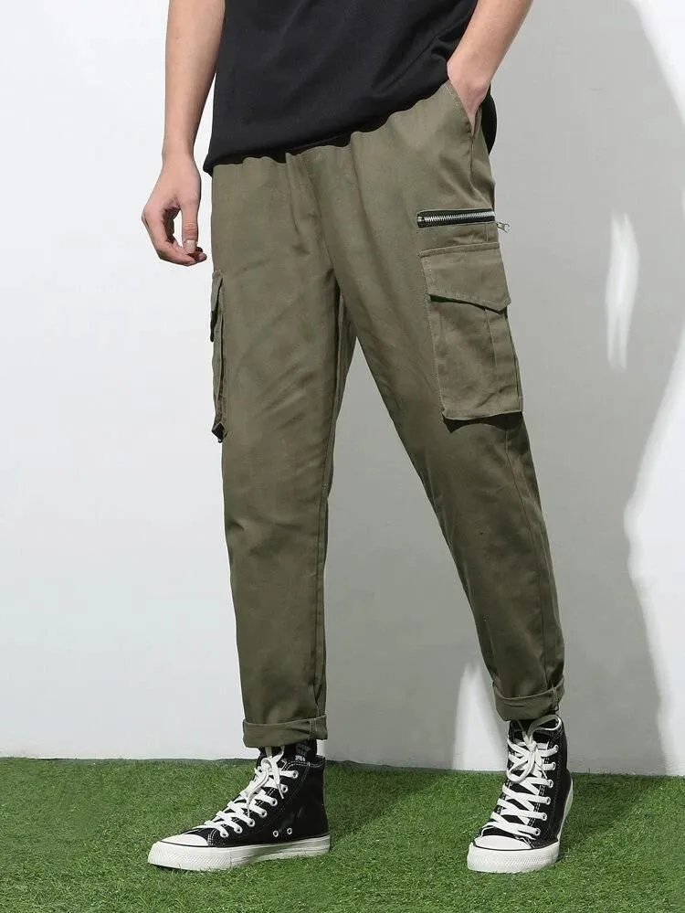 Men's Slim Fit Cargo Pants in Olive Green Cotton Fabric with Multiple Pockets for Utility