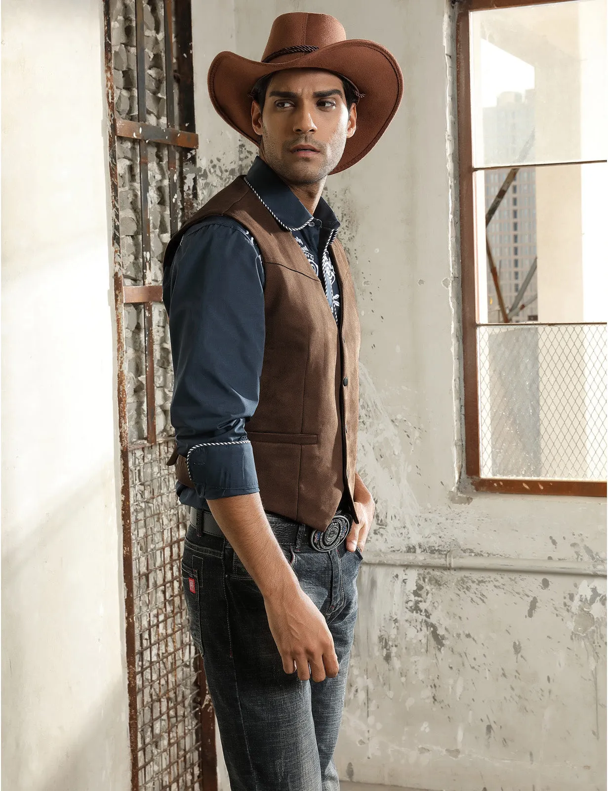 Men's Suede Leather Suit Vest Casual Western Cowboy Waistcoat Vest