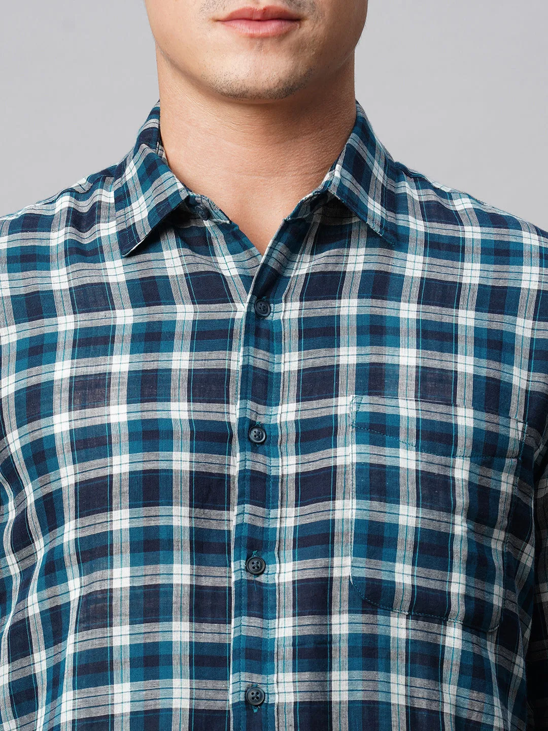 Men's Teal Cotton Regular Fit Checked Shirt