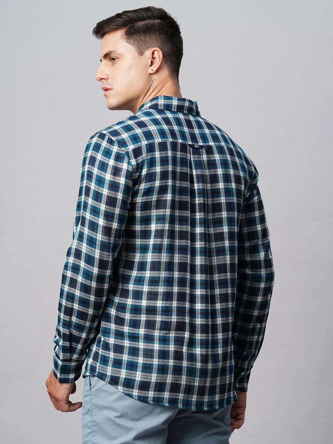 Men's Teal Cotton Regular Fit Checked Shirt