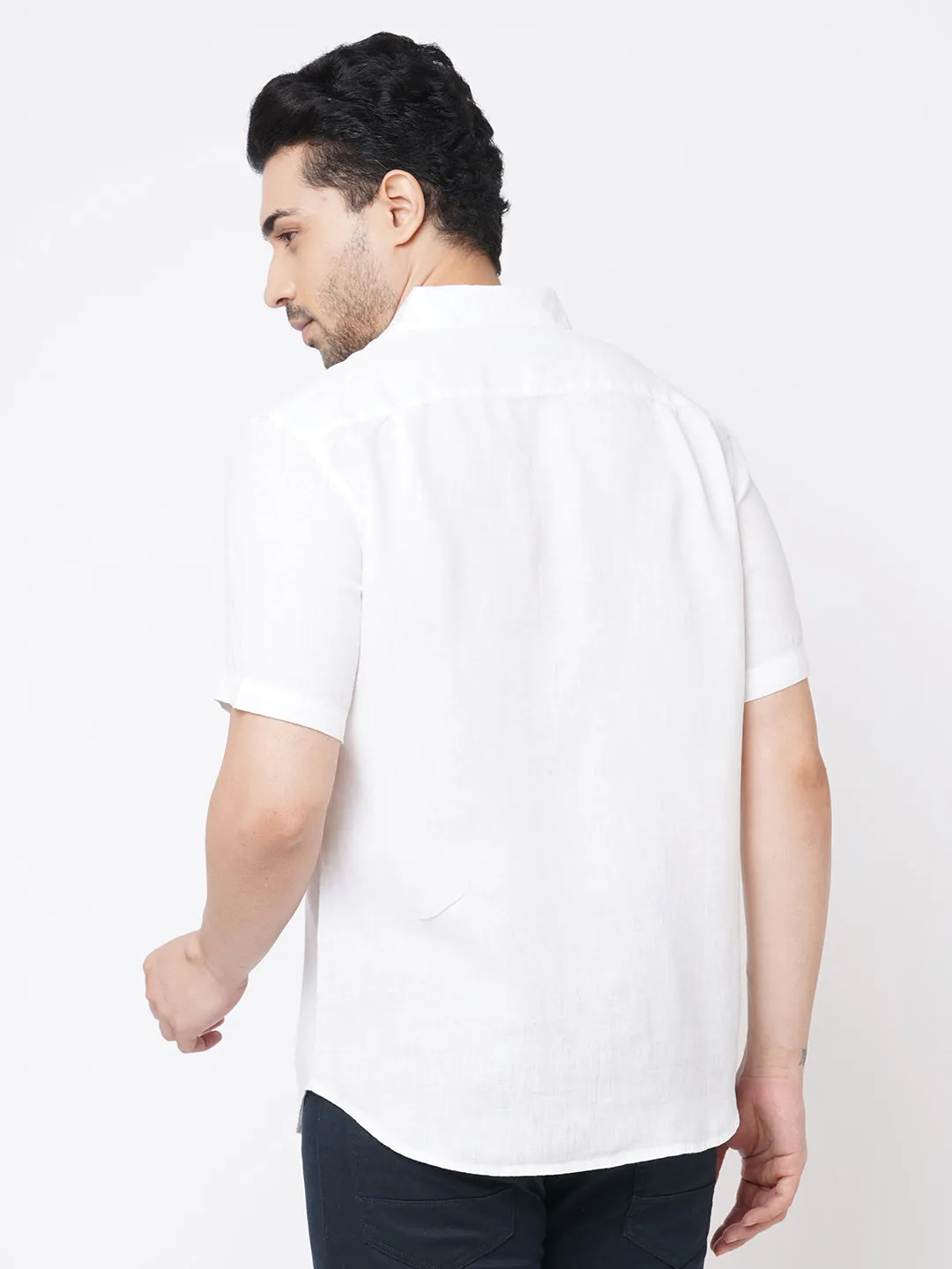 Men's White 100% Linen Regular Fit Short Sleeved Shirt