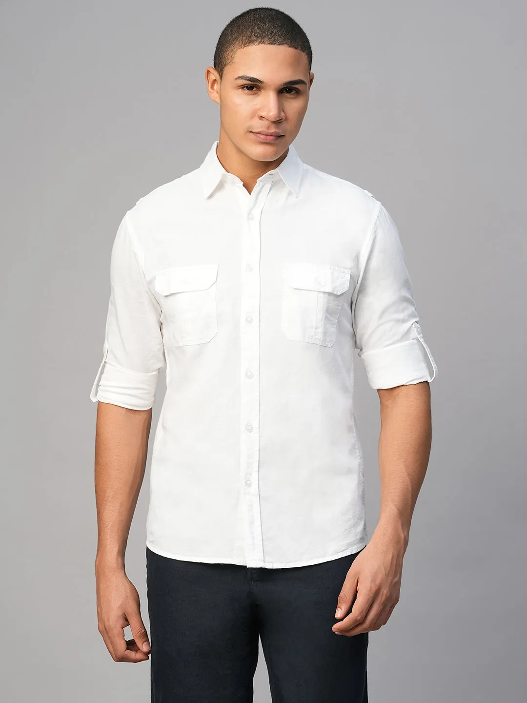 Men's White Cotton Linen Regular Fit Shirt