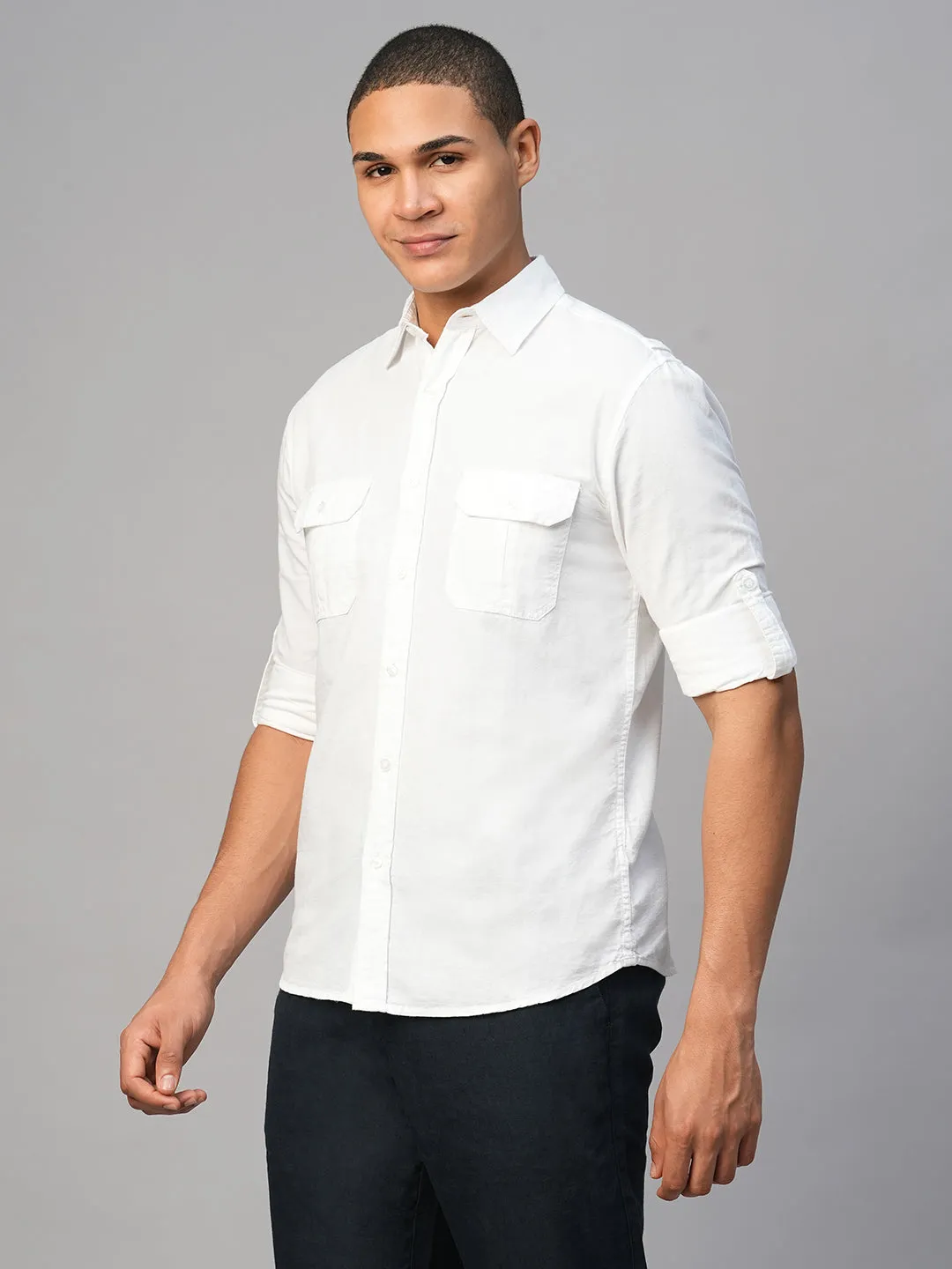 Men's White Cotton Linen Regular Fit Shirt