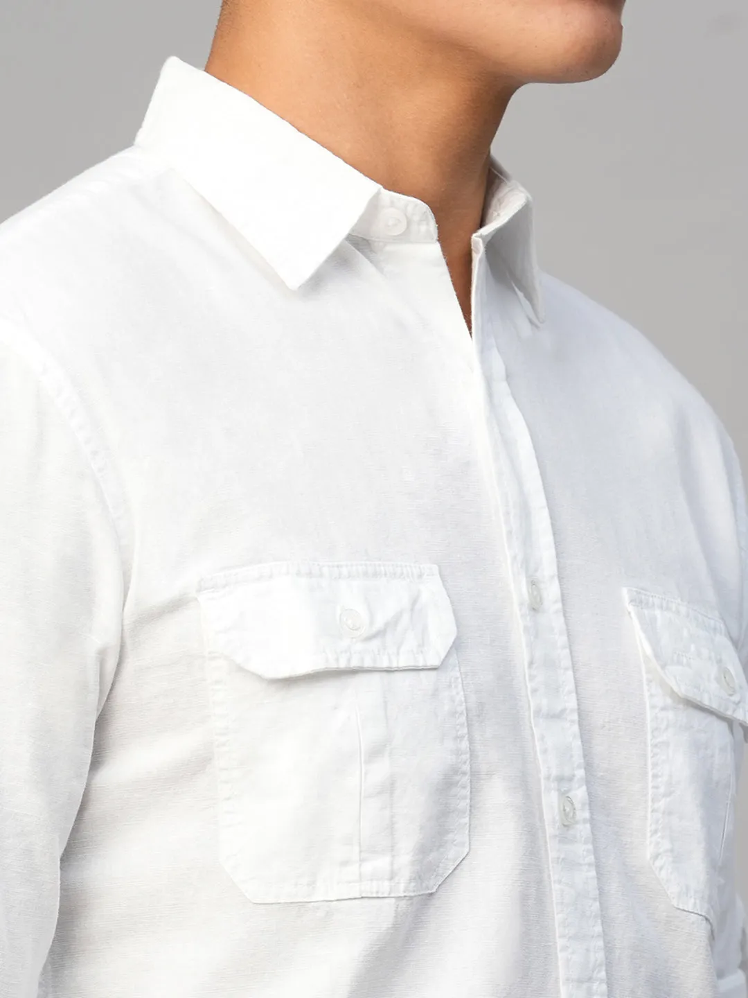 Men's White Cotton Linen Regular Fit Shirt