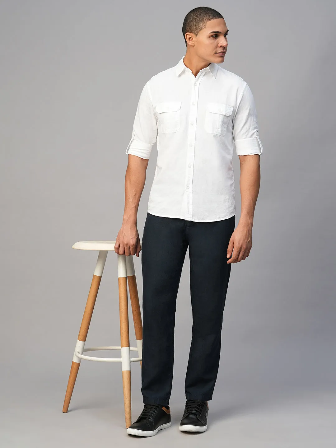 Men's White Cotton Linen Regular Fit Shirt