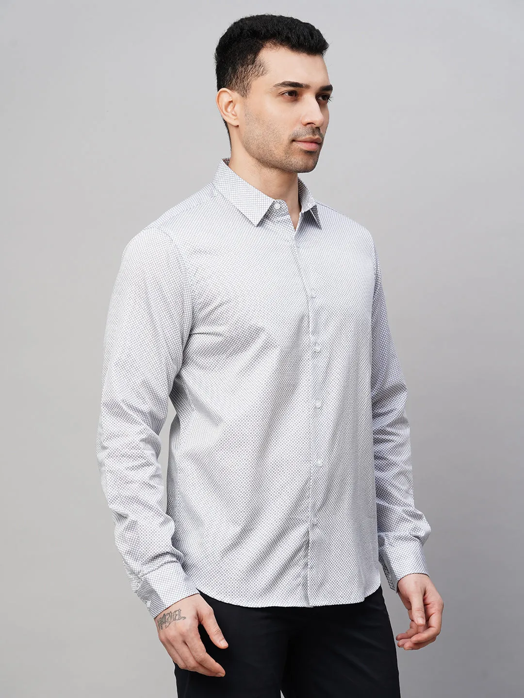 Men's White Cotton Slim Fit Printed Shirt