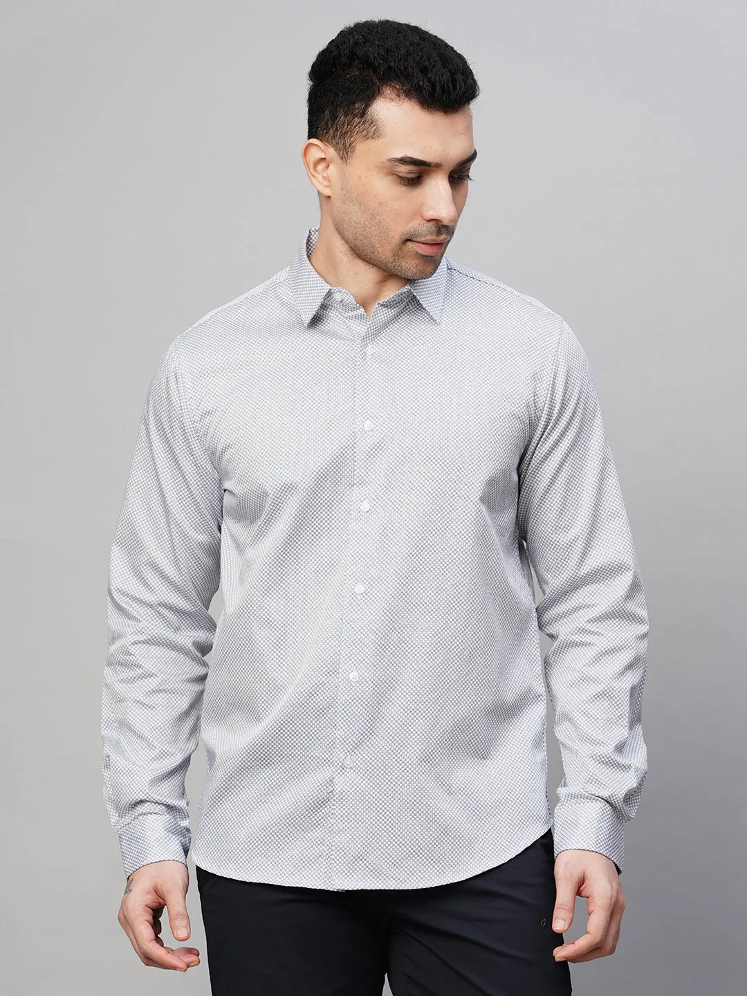 Men's White Cotton Slim Fit Printed Shirt