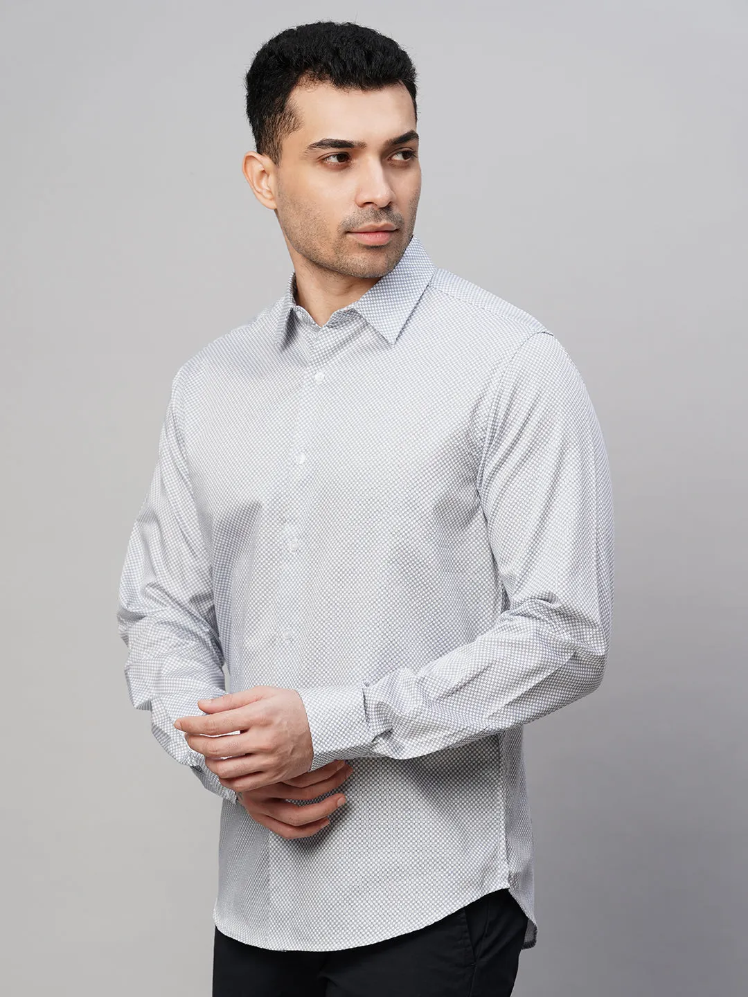 Men's White Cotton Slim Fit Printed Shirt