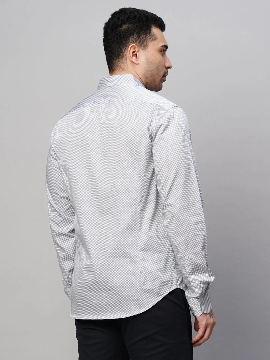 Men's White Cotton Slim Fit Printed Shirt