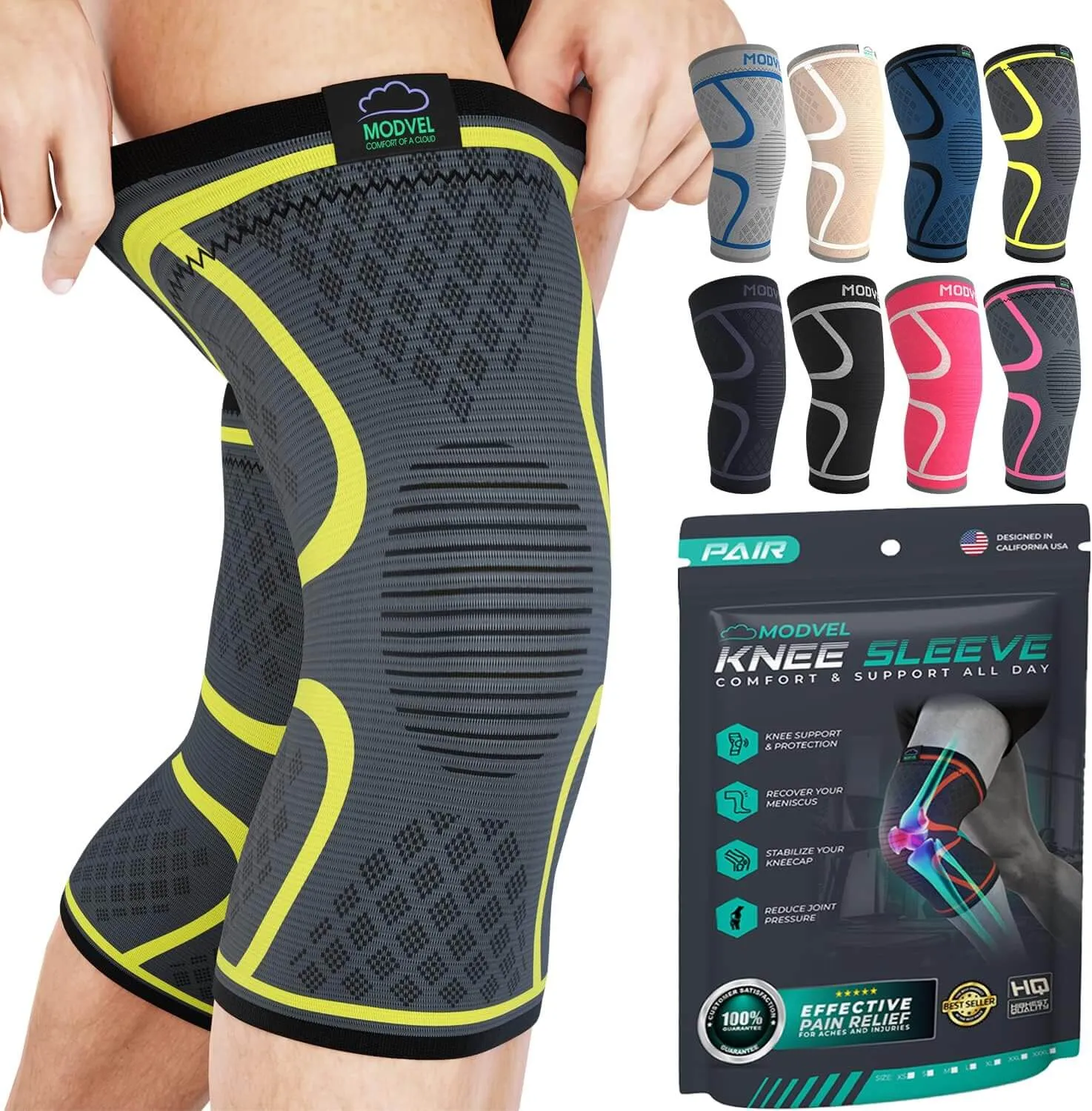 Modvel Knee Sleeve - Support & Pain Relief (Pair) for Men and Women | Ideal for Knee Stability, Workout, Sports, and Recovery