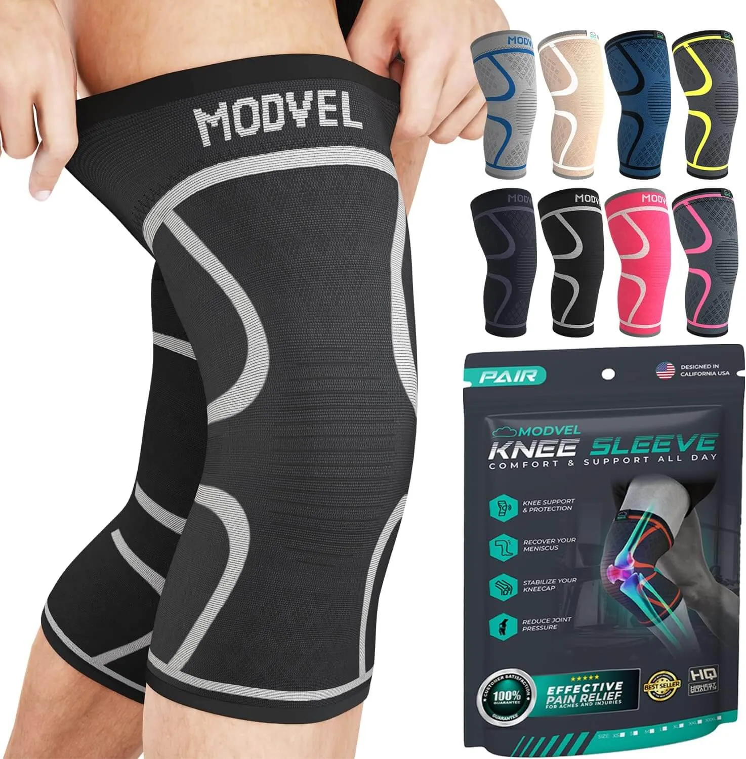 Modvel Knee Sleeve - Support & Pain Relief (Pair) for Men and Women | Ideal for Knee Stability, Workout, Sports, and Recovery