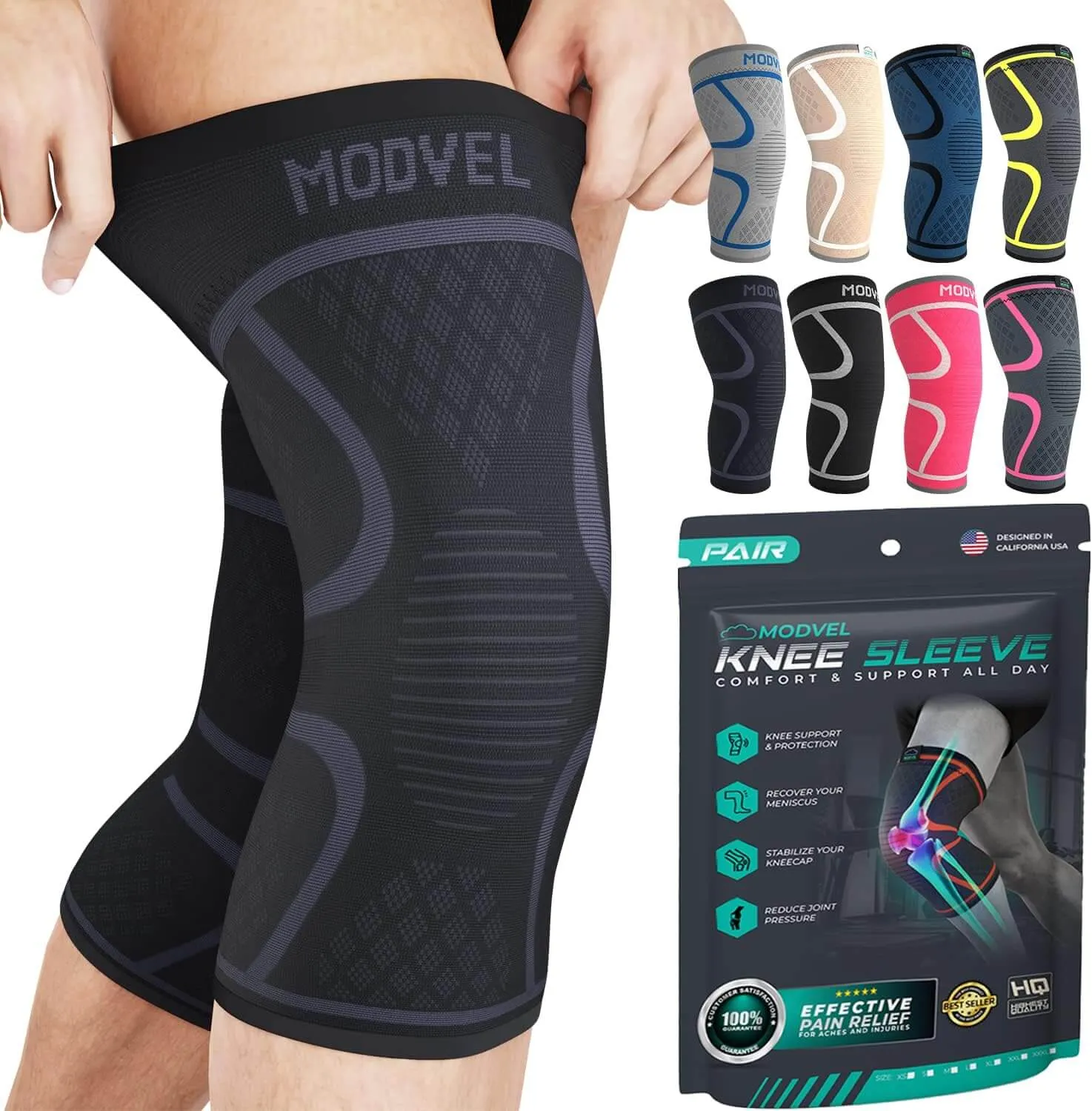 Modvel Knee Sleeve - Support & Pain Relief (Pair) for Men and Women | Ideal for Knee Stability, Workout, Sports, and Recovery