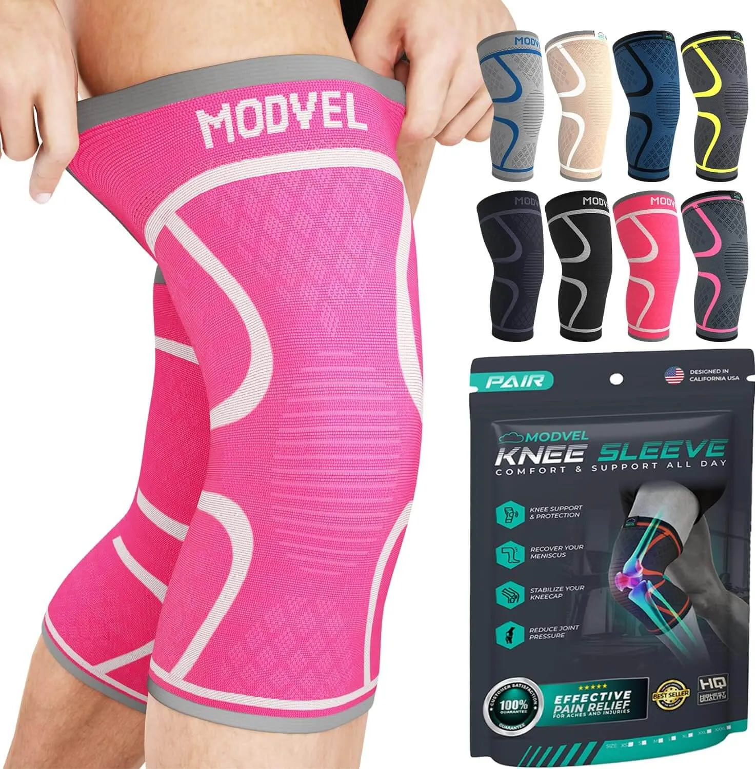 Modvel Knee Sleeve - Support & Pain Relief (Pair) for Men and Women | Ideal for Knee Stability, Workout, Sports, and Recovery