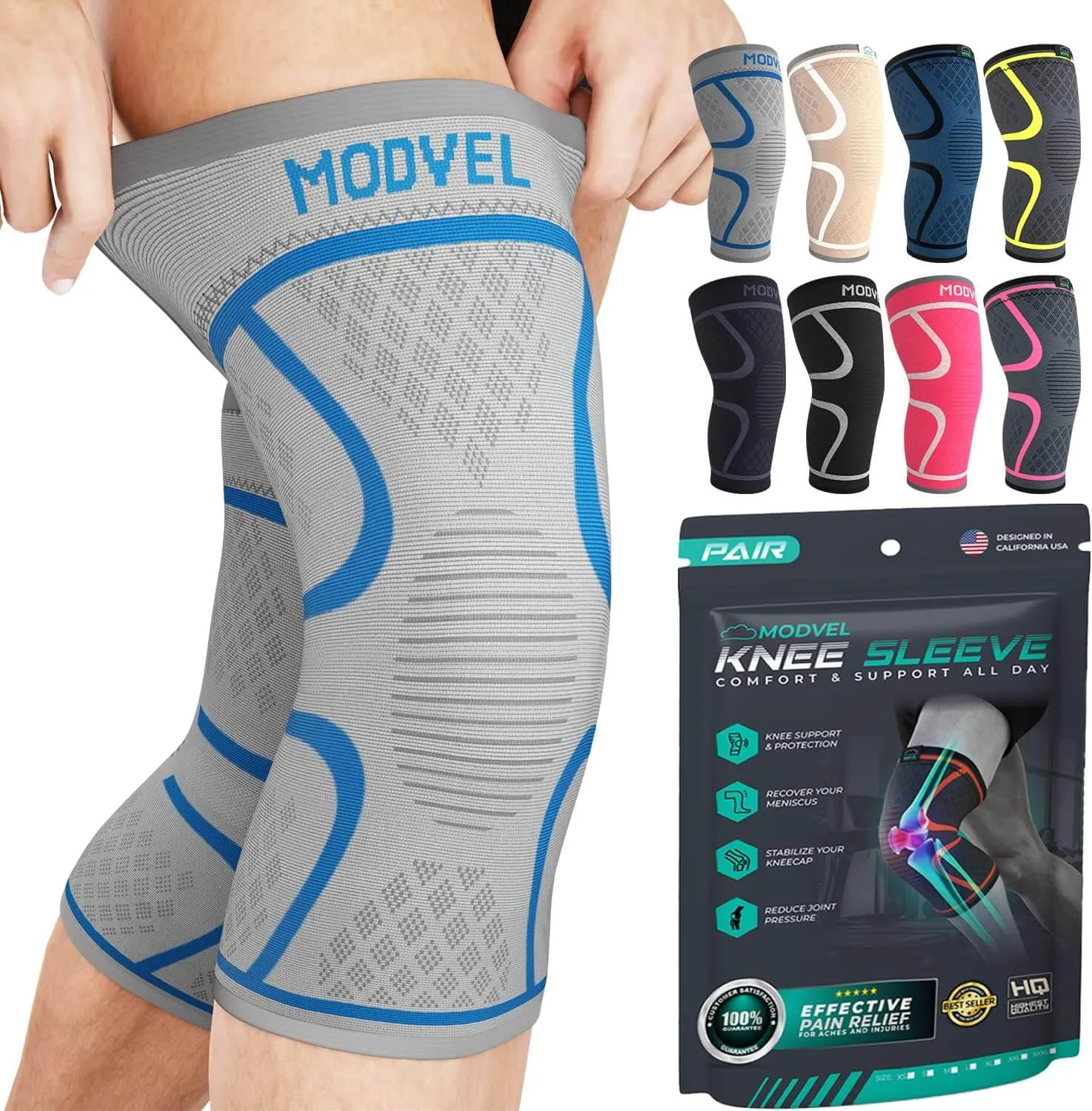 Modvel Knee Sleeve - Support & Pain Relief (Pair) for Men and Women | Ideal for Knee Stability, Workout, Sports, and Recovery