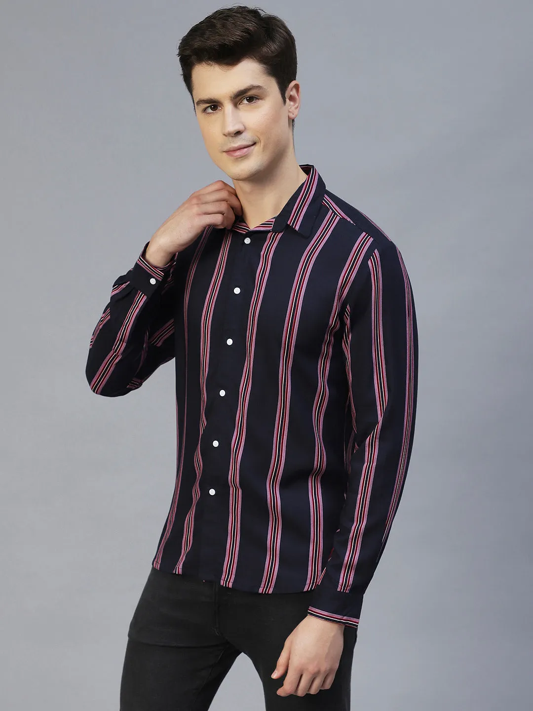 Navy Blue Vertical Stripes Full Sleeves Shirt