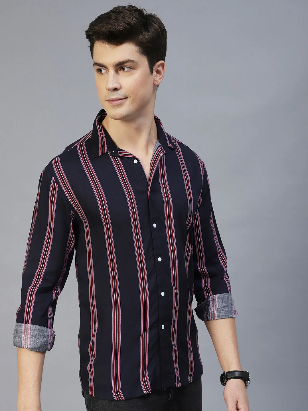 Navy Blue Vertical Stripes Full Sleeves Shirt