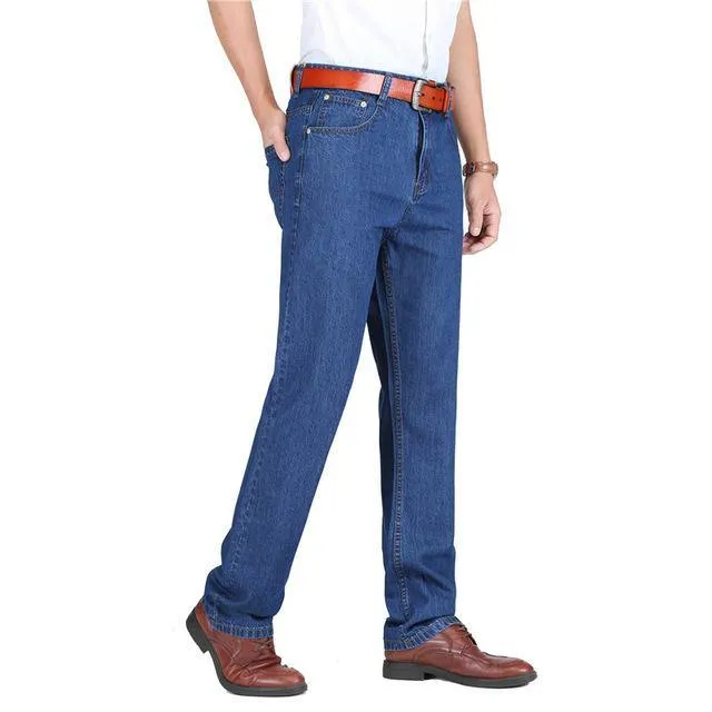 New 100% Cotton Thin Jeans Baggy Cotton Casual Trousers for Male High Waist Washed Denim Pants