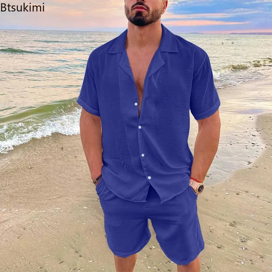 New 2024 Men's Summer Cotton Linen Sets Solid Short Sleeve Lapel Shirts and Shorts Sets Man Hawaiian Beach Holiday Clothing Sets