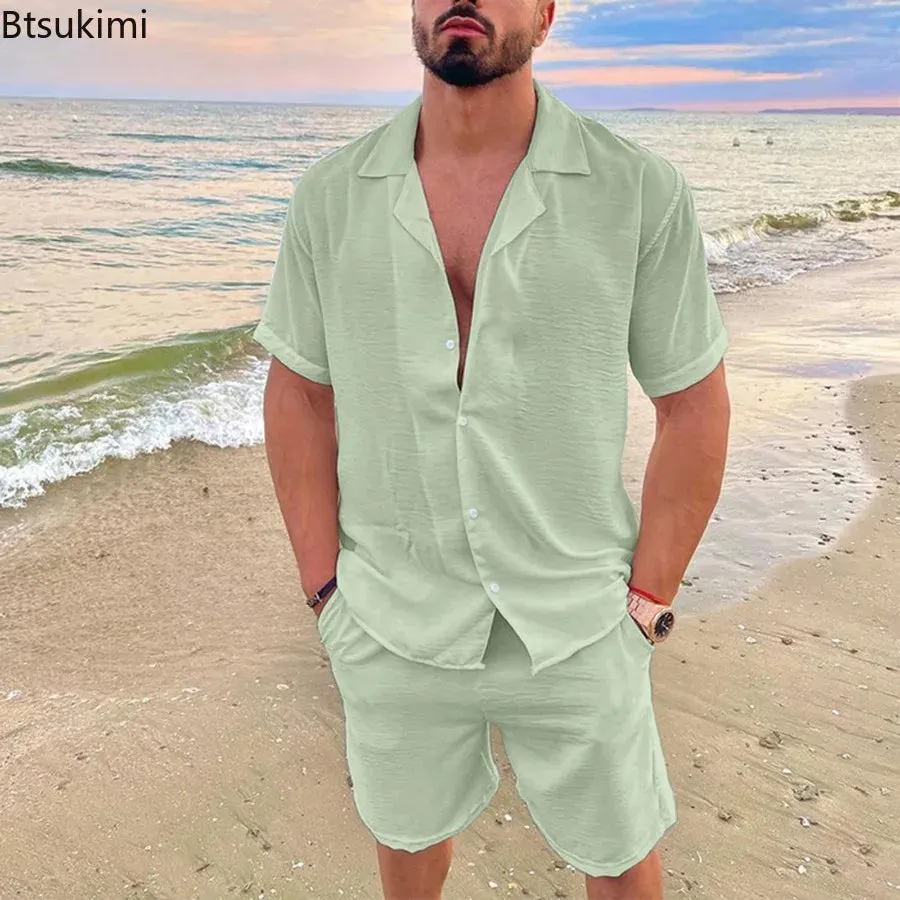 New 2024 Men's Summer Cotton Linen Sets Solid Short Sleeve Lapel Shirts and Shorts Sets Man Hawaiian Beach Holiday Clothing Sets