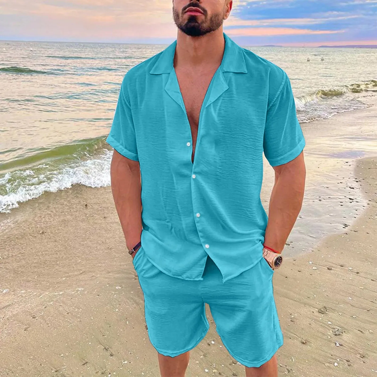 New 2024 Men's Summer Cotton Linen Sets Solid Short Sleeve Lapel Shirts and Shorts Sets Man Hawaiian Beach Holiday Clothing Sets