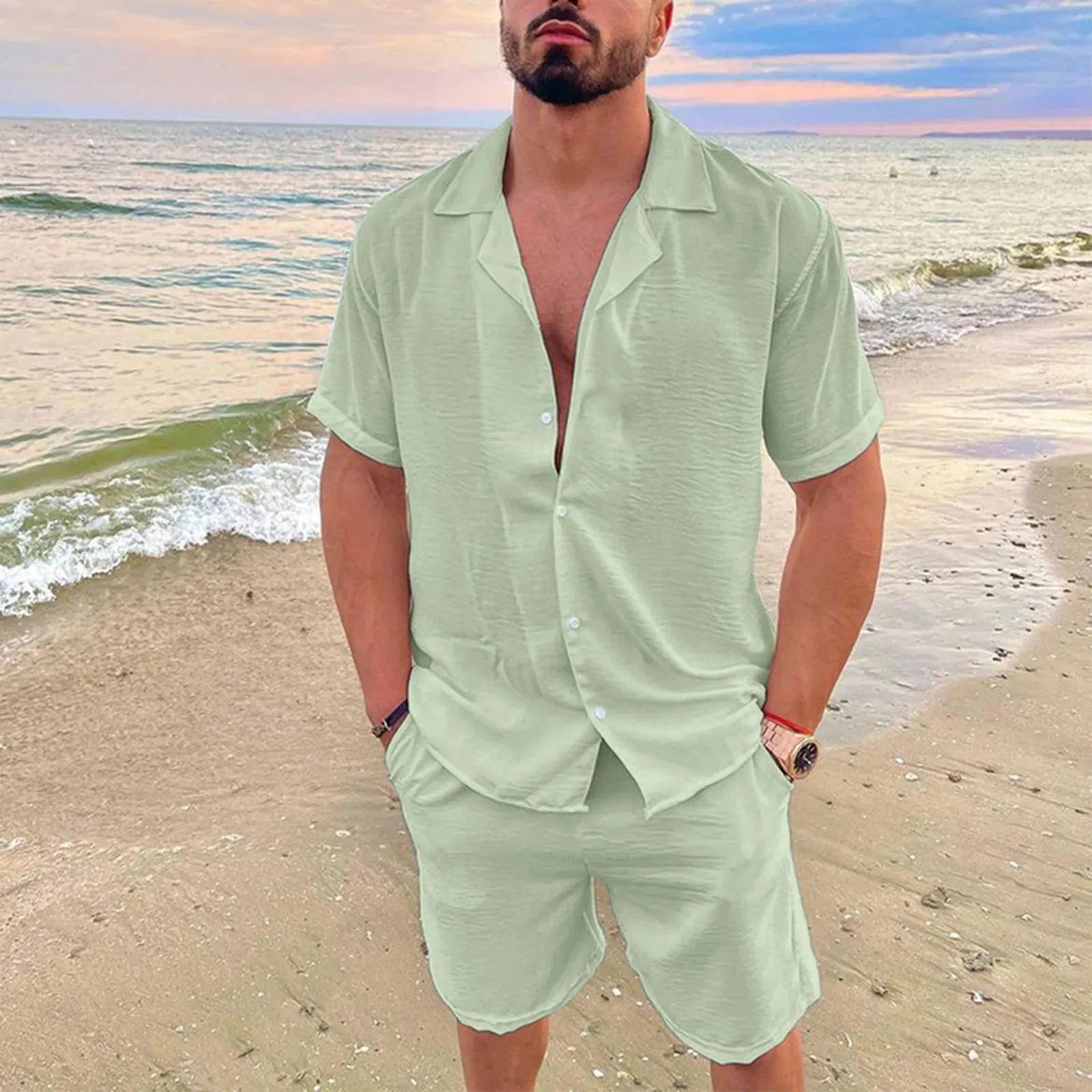 New 2024 Men's Summer Cotton Linen Sets Solid Short Sleeve Lapel Shirts and Shorts Sets Man Hawaiian Beach Holiday Clothing Sets