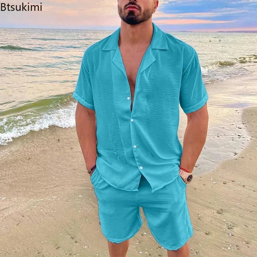 New 2024 Men's Summer Cotton Linen Sets Solid Short Sleeve Lapel Shirts and Shorts Sets Man Hawaiian Beach Holiday Clothing Sets