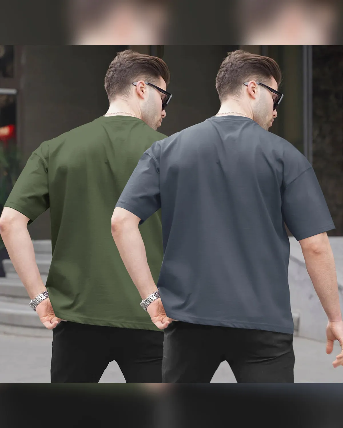 (Pack of 2) Men Oversized T-Shirt With Flap Pocket | Olivegreen & DarkGrey