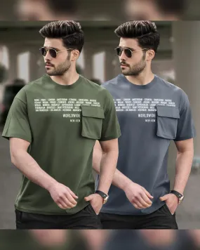 (Pack of 2) Men Oversized T-Shirt With Flap Pocket | Olivegreen & DarkGrey