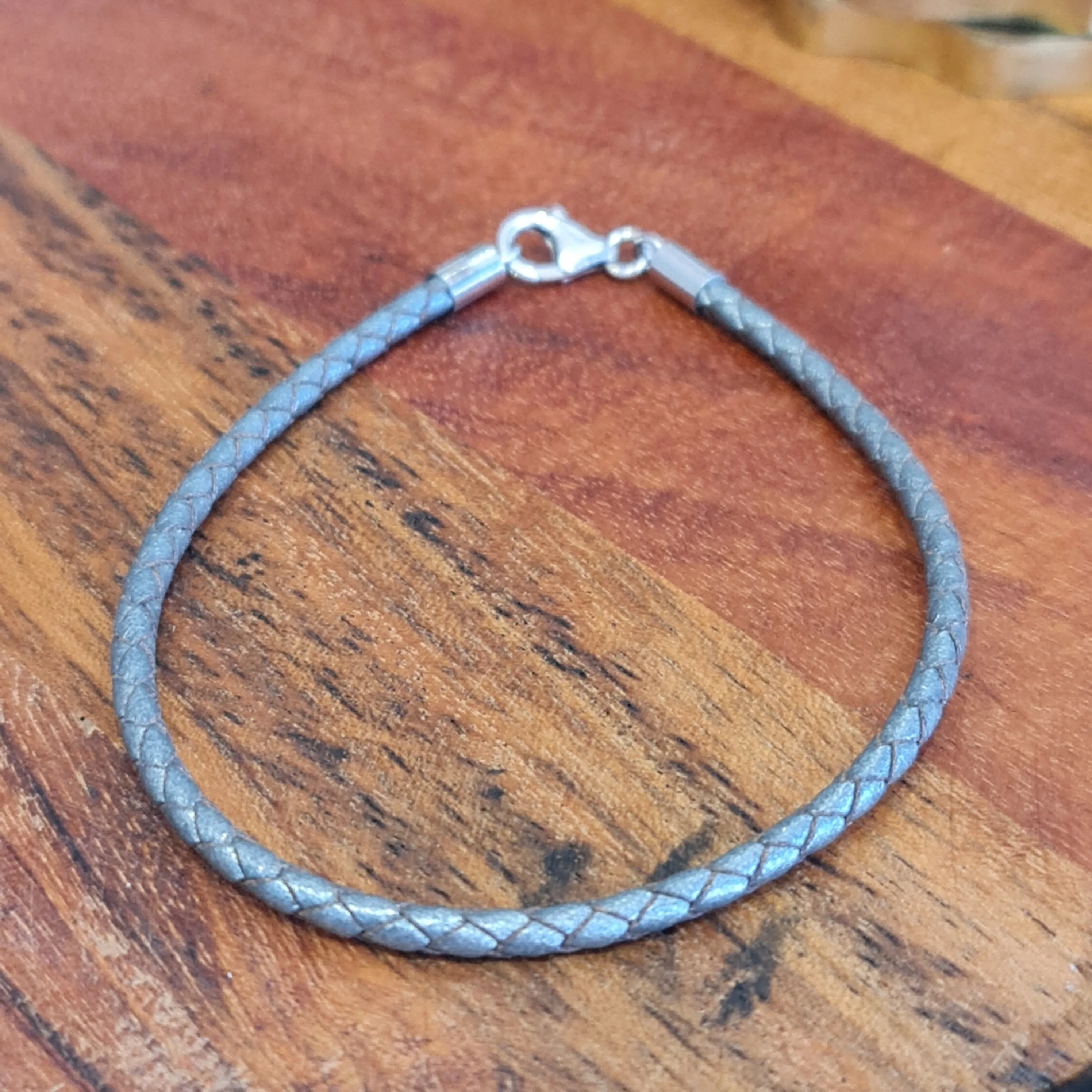 Plaited Leather Bracelet Metallic Grey 925 sterling silver