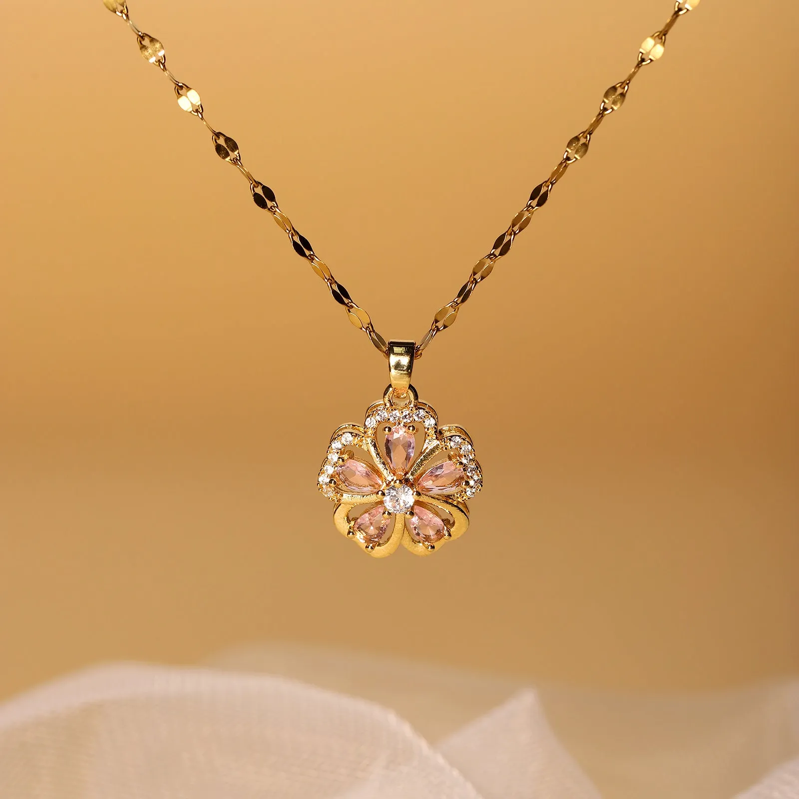 Red And Pink Zircon Flower Necklace