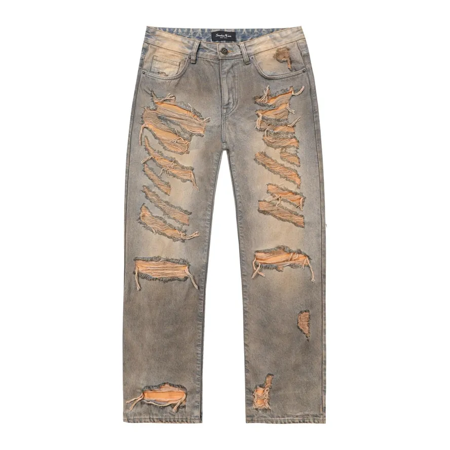 Rip & Repair Curved Denim Pants - Brown Blue