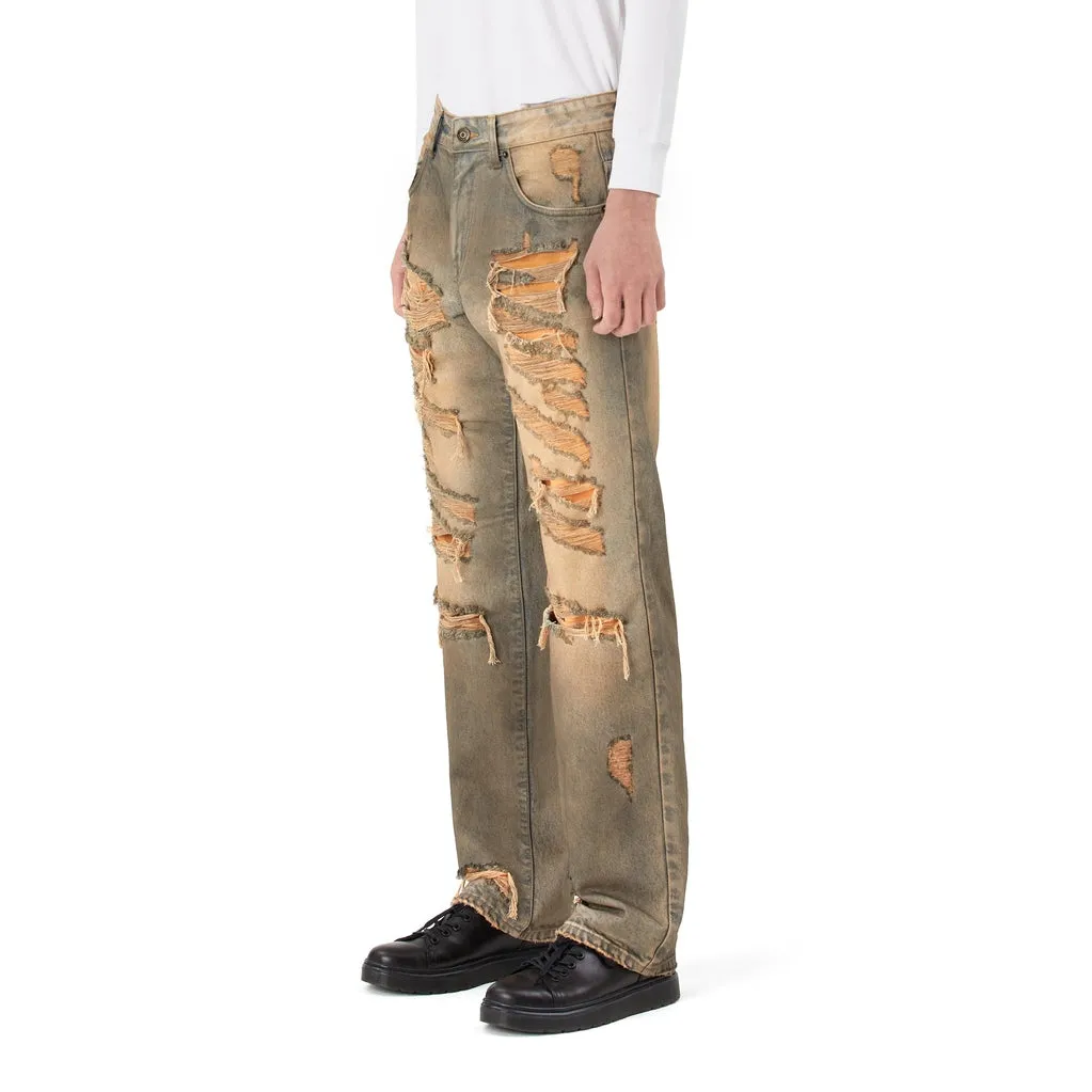 Rip & Repair Curved Denim Pants - Brown Blue