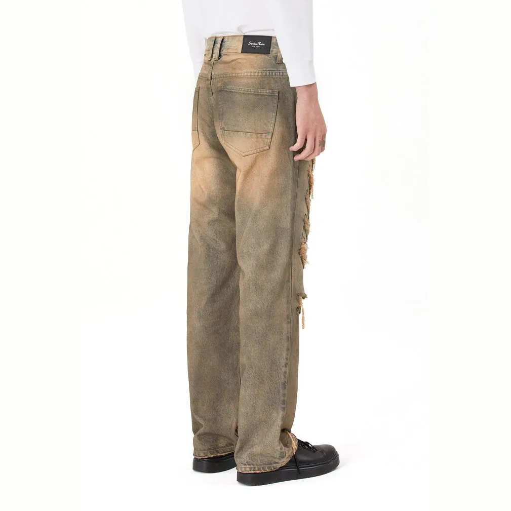 Rip & Repair Curved Denim Pants - Brown Blue