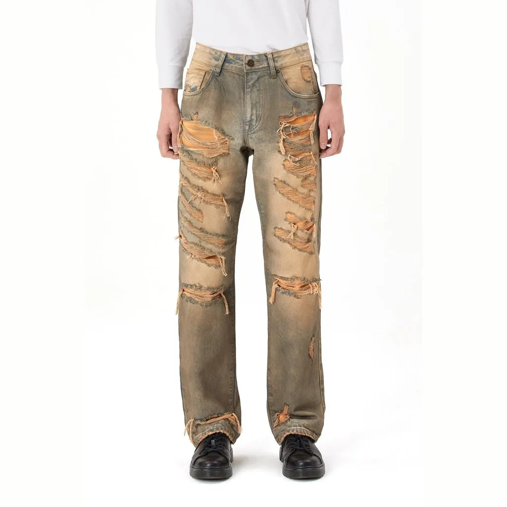 Rip & Repair Curved Denim Pants - Brown Blue