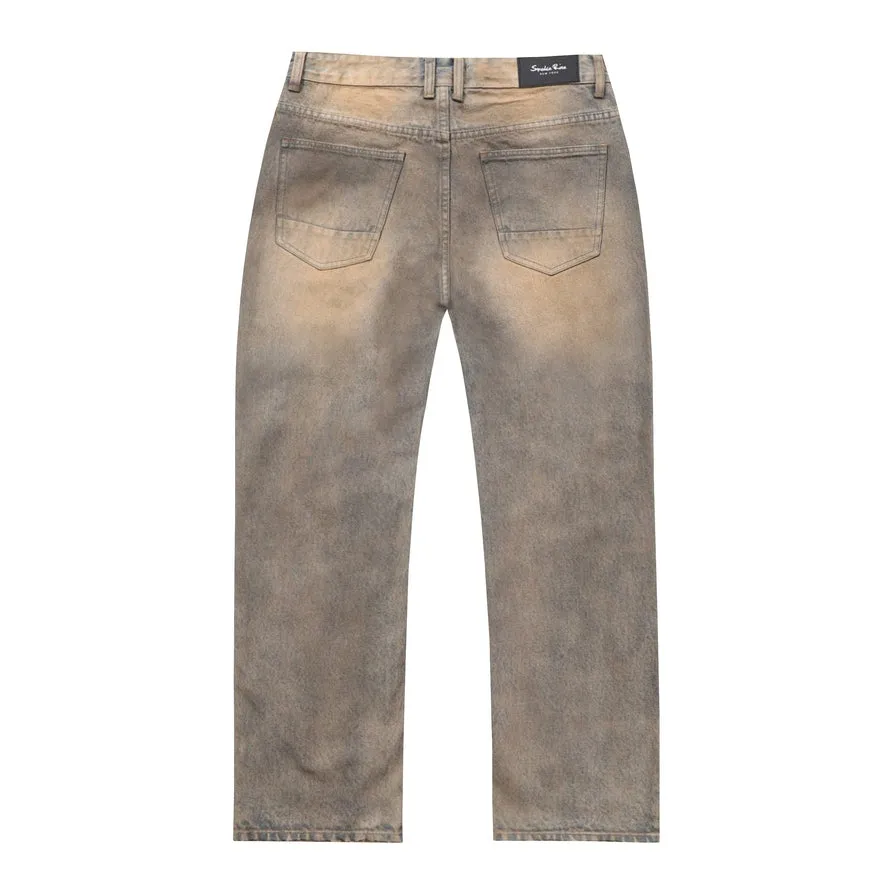 Rip & Repair Curved Denim Pants - Brown Blue