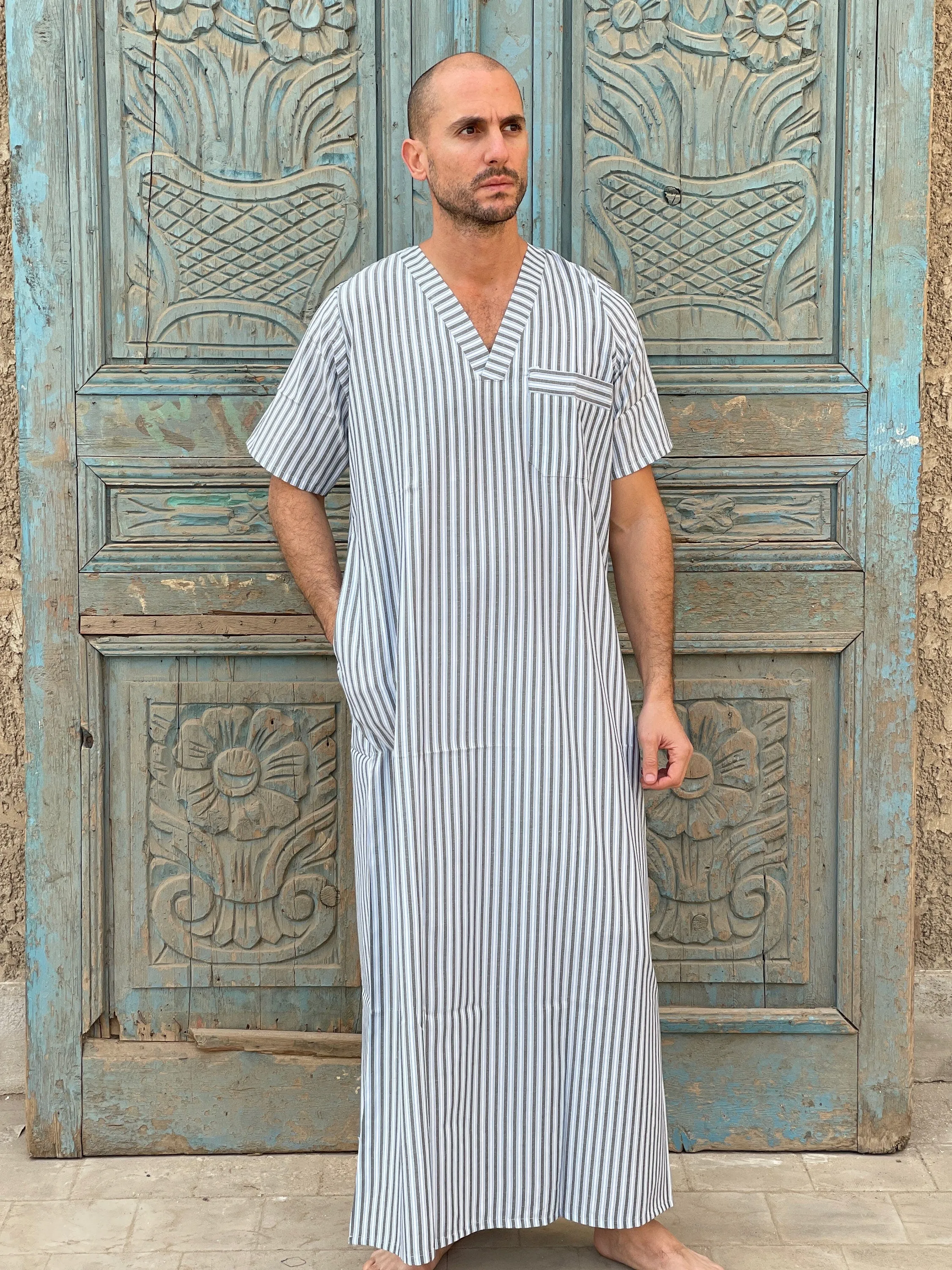 Striped Men's Kaftan, Short sleeve Men's kaftan, Cotton men caftan, caftans for men,  men clothing, gift for men, husband gift, gift for him